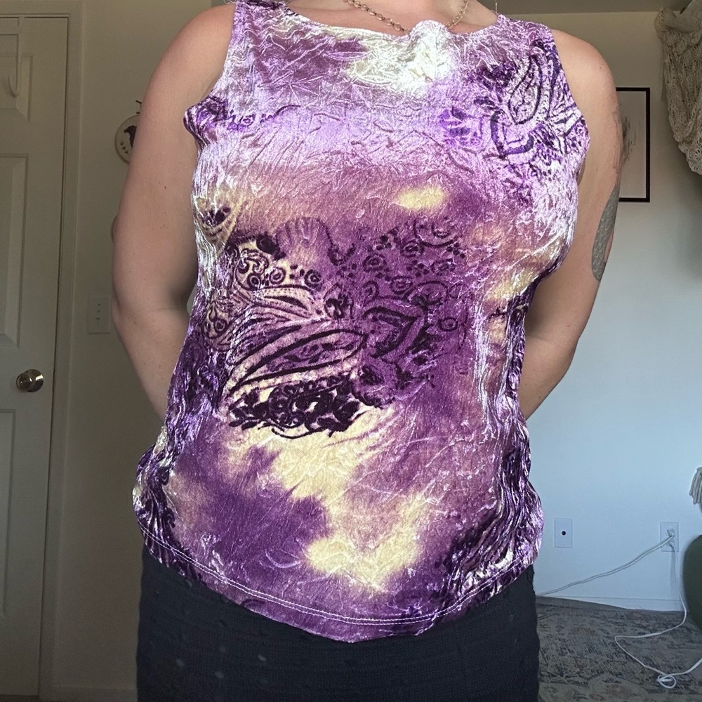 Sarah Spencer Purple and Cream Velvet Paisley Tank Top